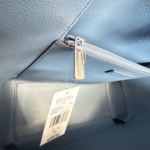 Michael Kors Reed Large Belted Shoulder Tote Leather Bag Denim Exotic Accents - Picture 14 of 15